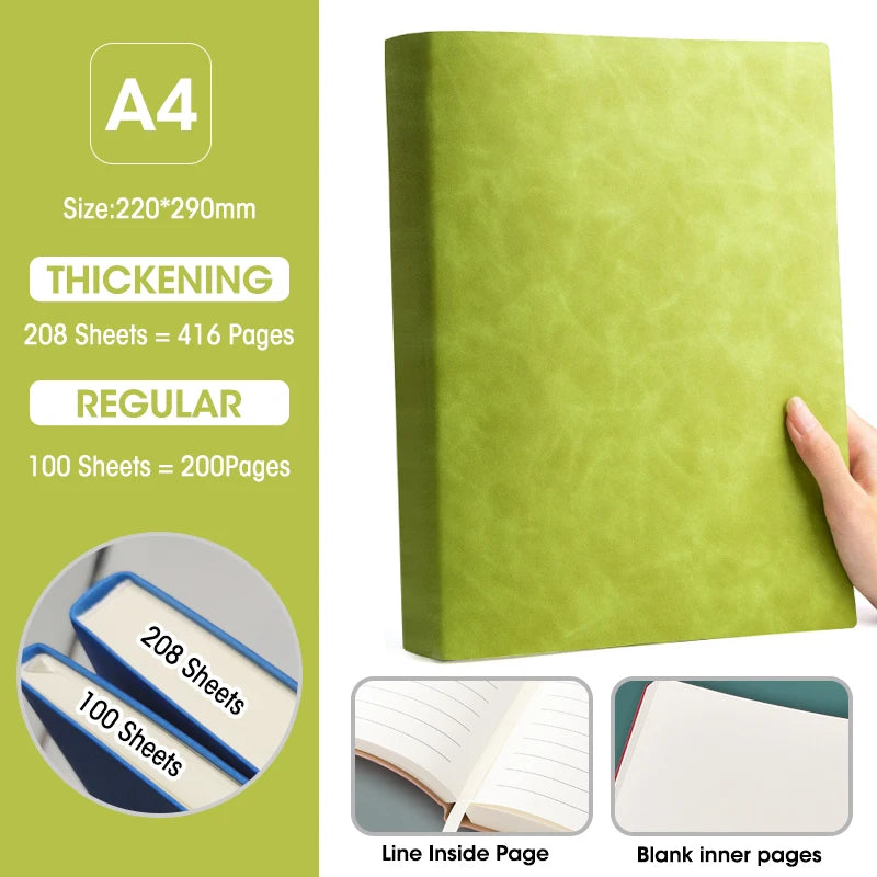 Ultra-Thick A4 Notebook 100&208 Sheets Soft Pu Cover Blank And Horizontal Line Inner Page Office Meeting Diary Study Stationery