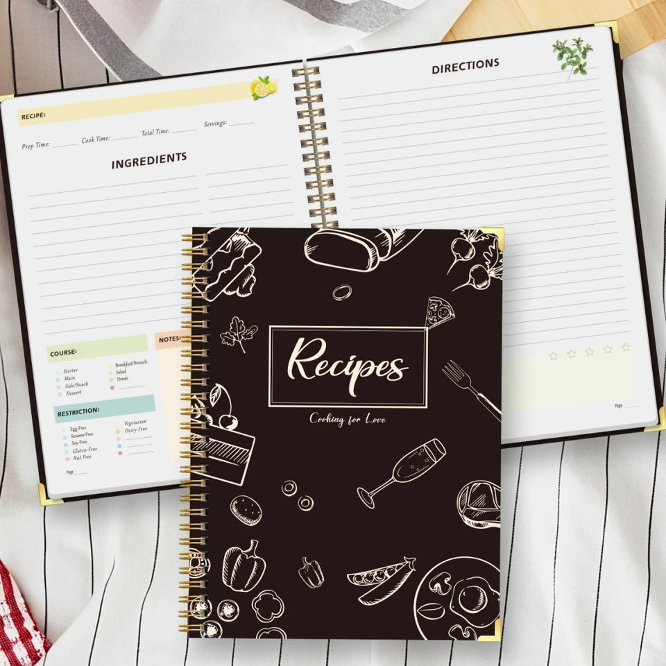 Recipe Journal Notebook, Spiral Recipe Book with Tabs, Ingredients, Directions, Notes & Review Pages, Kitchen Cooking Gift