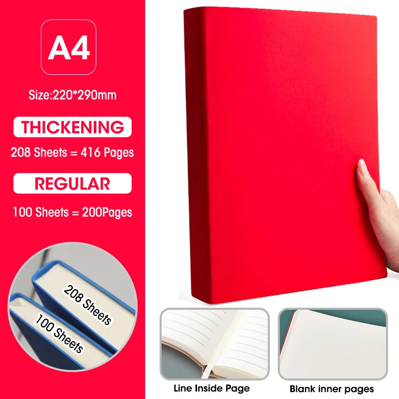 Ultra-Thick A4 Notebook 100&208 Sheets Soft Pu Cover Blank And Horizontal Line Inner Page Office Meeting Diary Study Stationery