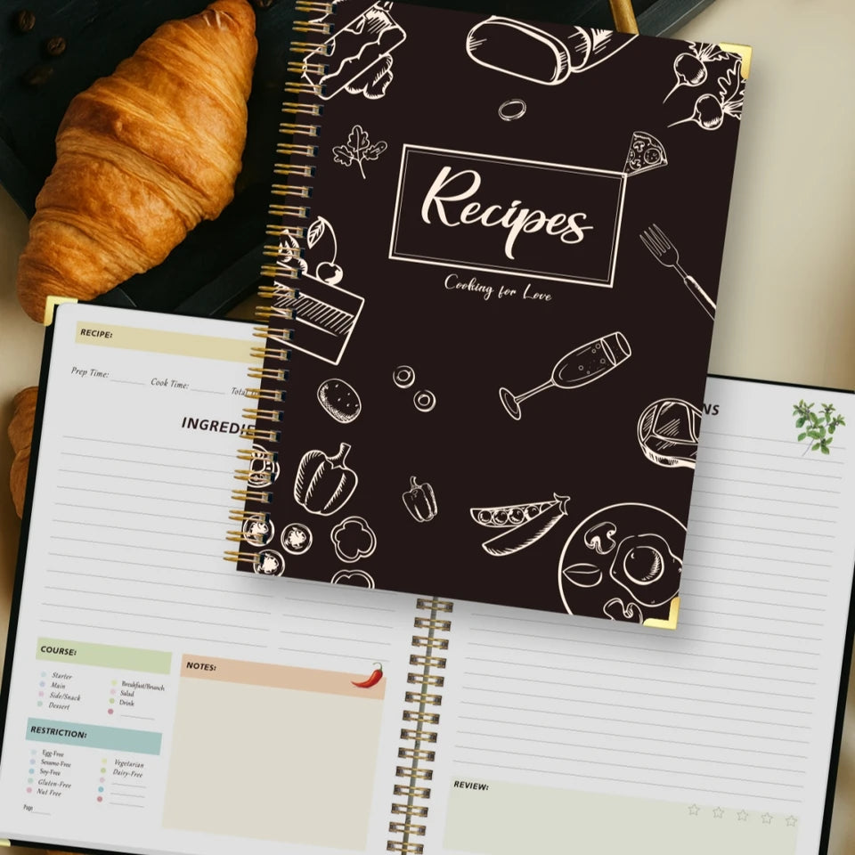 Recipe Journal Notebook, Spiral Recipe Book with Tabs, Ingredients, Directions, Notes & Review Pages, Kitchen Cooking Gift