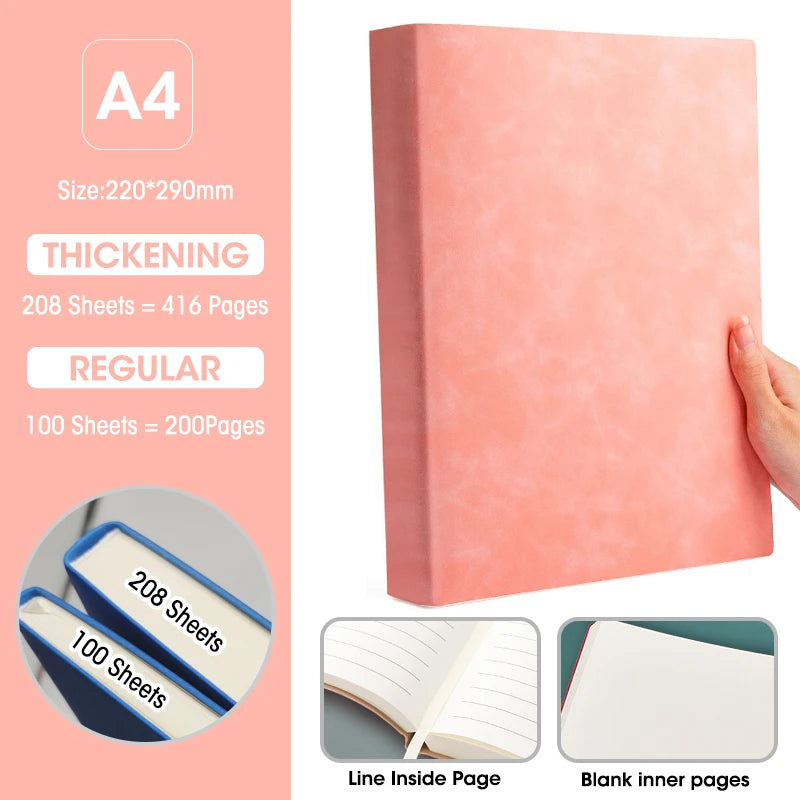 Ultra-Thick A4 Notebook 100&208 Sheets Soft Pu Cover Blank And Horizontal Line Inner Page Office Meeting Diary Study Stationery