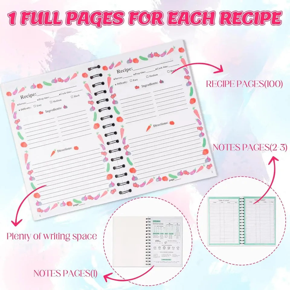 Blank Recipe Book Spiral Notebook My Cookbook Journal 100 Pages DIY Cooking Planner Kitchen Tools Gift for Mom Women