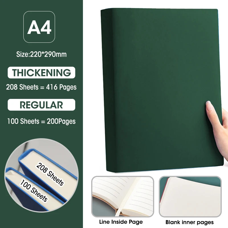 Ultra-Thick A4 Notebook 100&208 Sheets Soft Pu Cover Blank And Horizontal Line Inner Page Office Meeting Diary Study Stationery