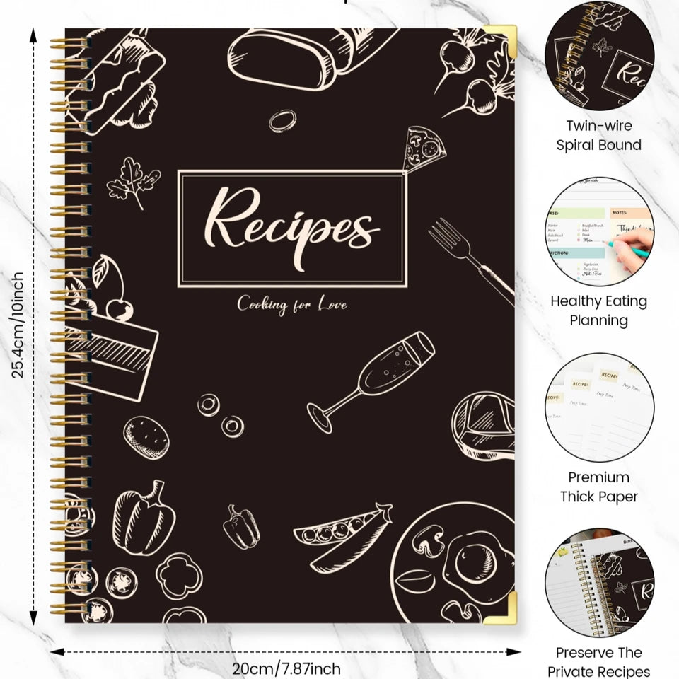 Recipe Journal Notebook, Spiral Recipe Book with Tabs, Ingredients, Directions, Notes & Review Pages, Kitchen Cooking Gift