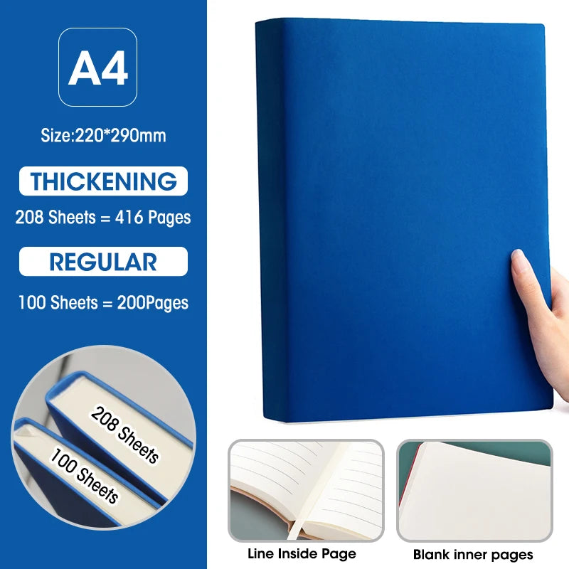 Ultra-Thick A4 Notebook 100&208 Sheets Soft Pu Cover Blank And Horizontal Line Inner Page Office Meeting Diary Study Stationery