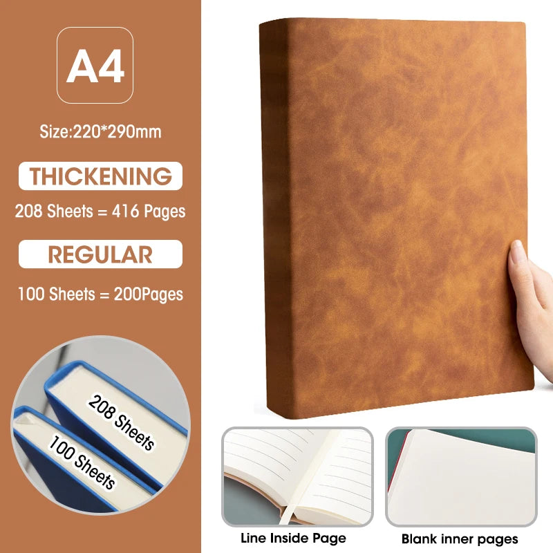 Ultra-Thick A4 Notebook 100&208 Sheets Soft Pu Cover Blank And Horizontal Line Inner Page Office Meeting Diary Study Stationery