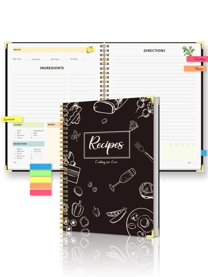 Recipe Journal Notebook, Spiral Recipe Book with Tabs, Ingredients, Directions, Notes & Review Pages, Kitchen Cooking Gift