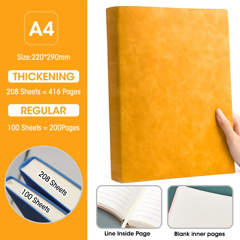 Ultra-Thick A4 Notebook 100&208 Sheets Soft Pu Cover Blank And Horizontal Line Inner Page Office Meeting Diary Study Stationery