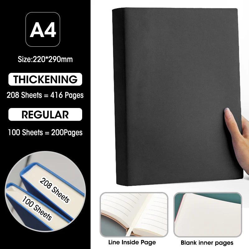 Ultra-Thick A4 Notebook 100&208 Sheets Soft Pu Cover Blank And Horizontal Line Inner Page Office Meeting Diary Study Stationery